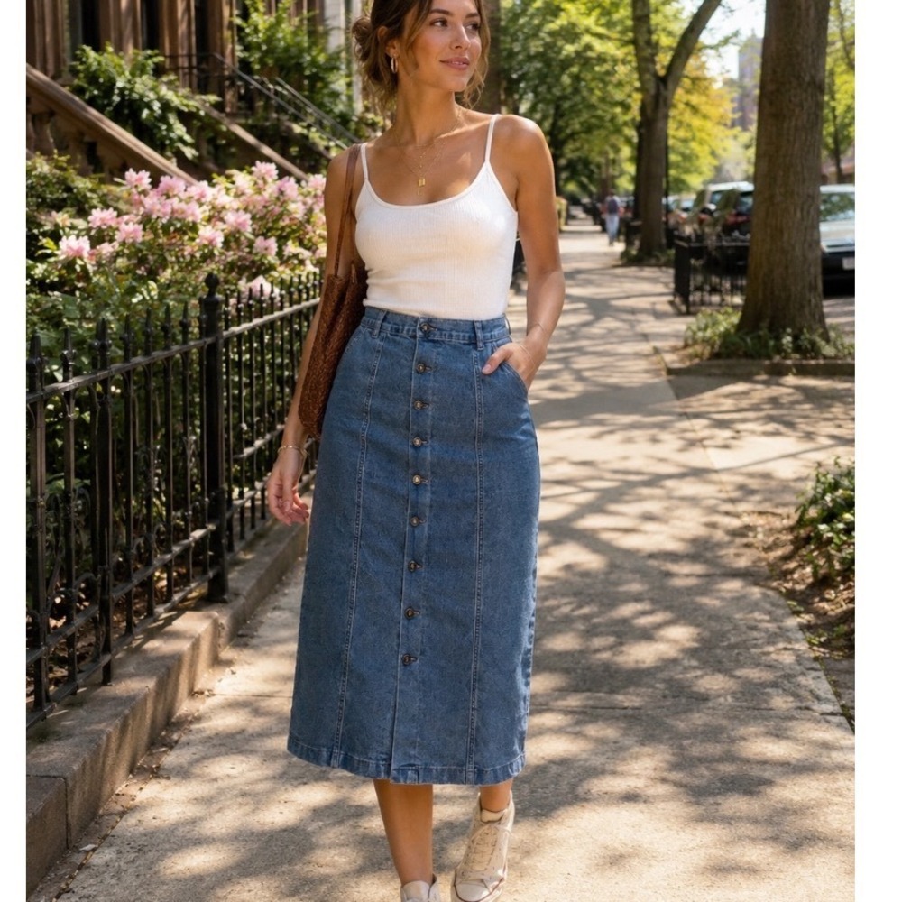 Y2k Vintage L Whimsigoth LONG BLUE JEAN‎ SKIRT Sz 11 Straight modest Grung